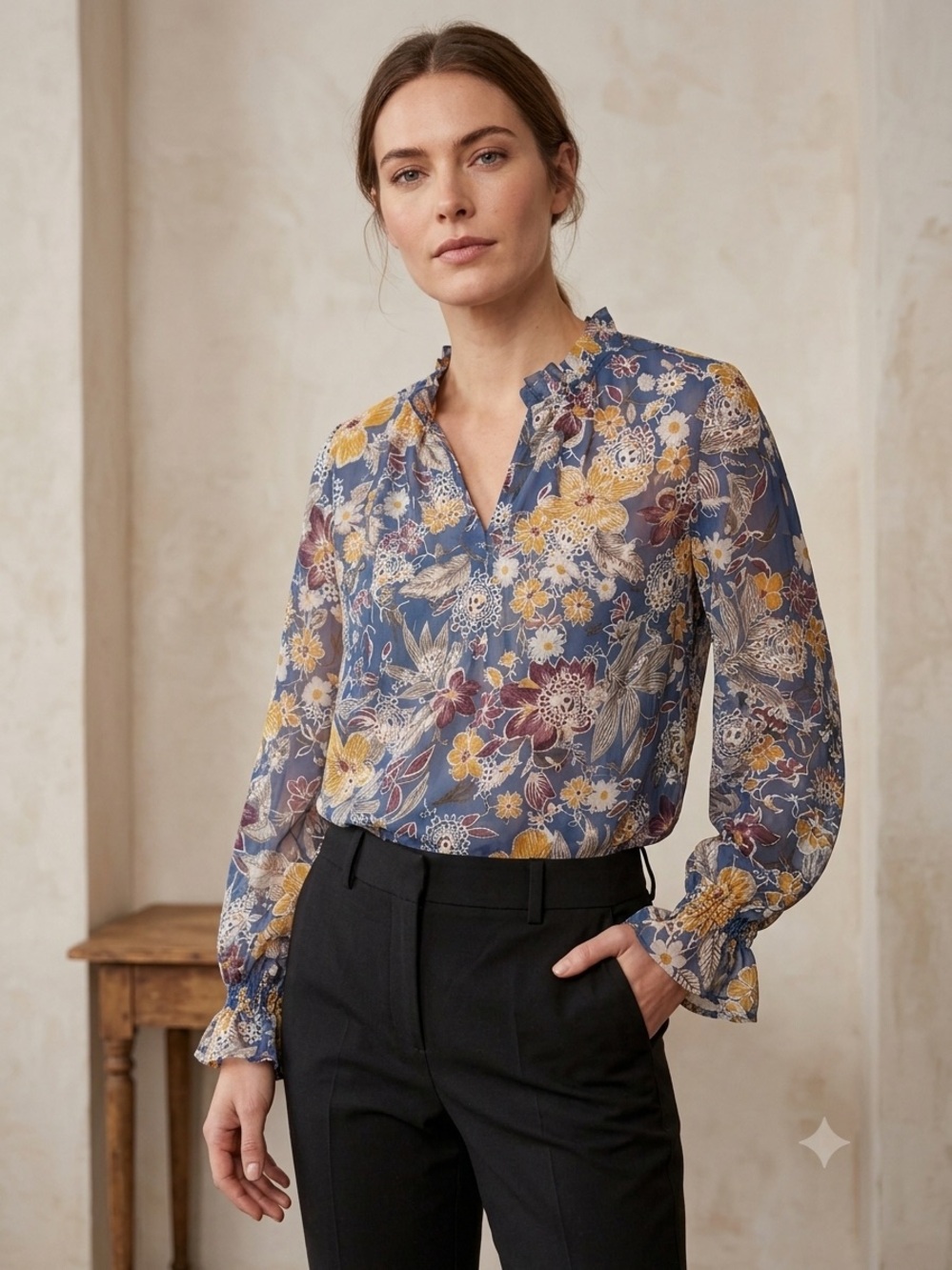 Blue Floral Long-Sleeve Ruffle Neck Blouse- Solitaire from Anthropology size M
